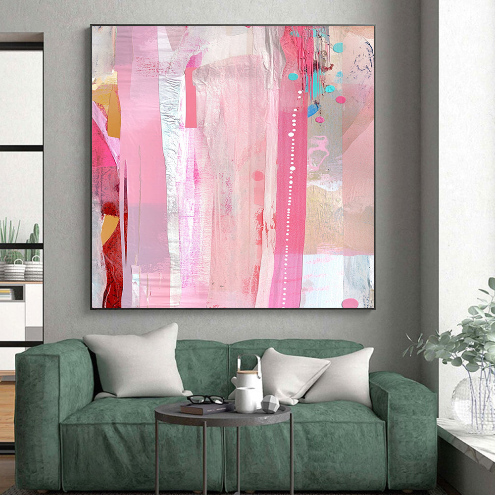 Pink and Colorful Abstract Painting with Vertical Stripes and Dots GER078
