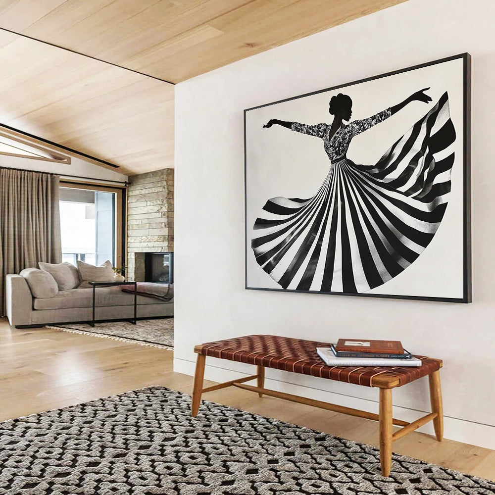 Black White Floral - Patterned Dress Dancing Silhouette Abstract Painting DYP020