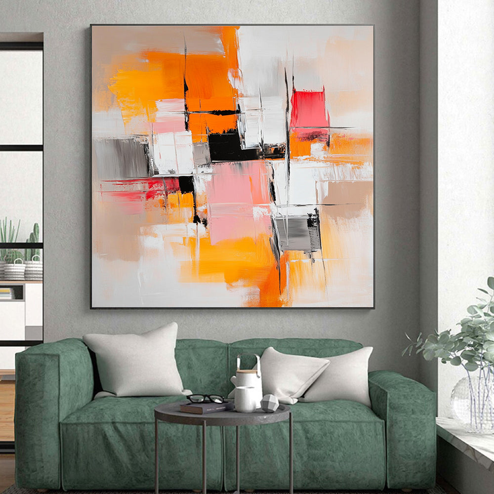 Orange Pink Gray Abstract Painting with Geometric Shapes GER760