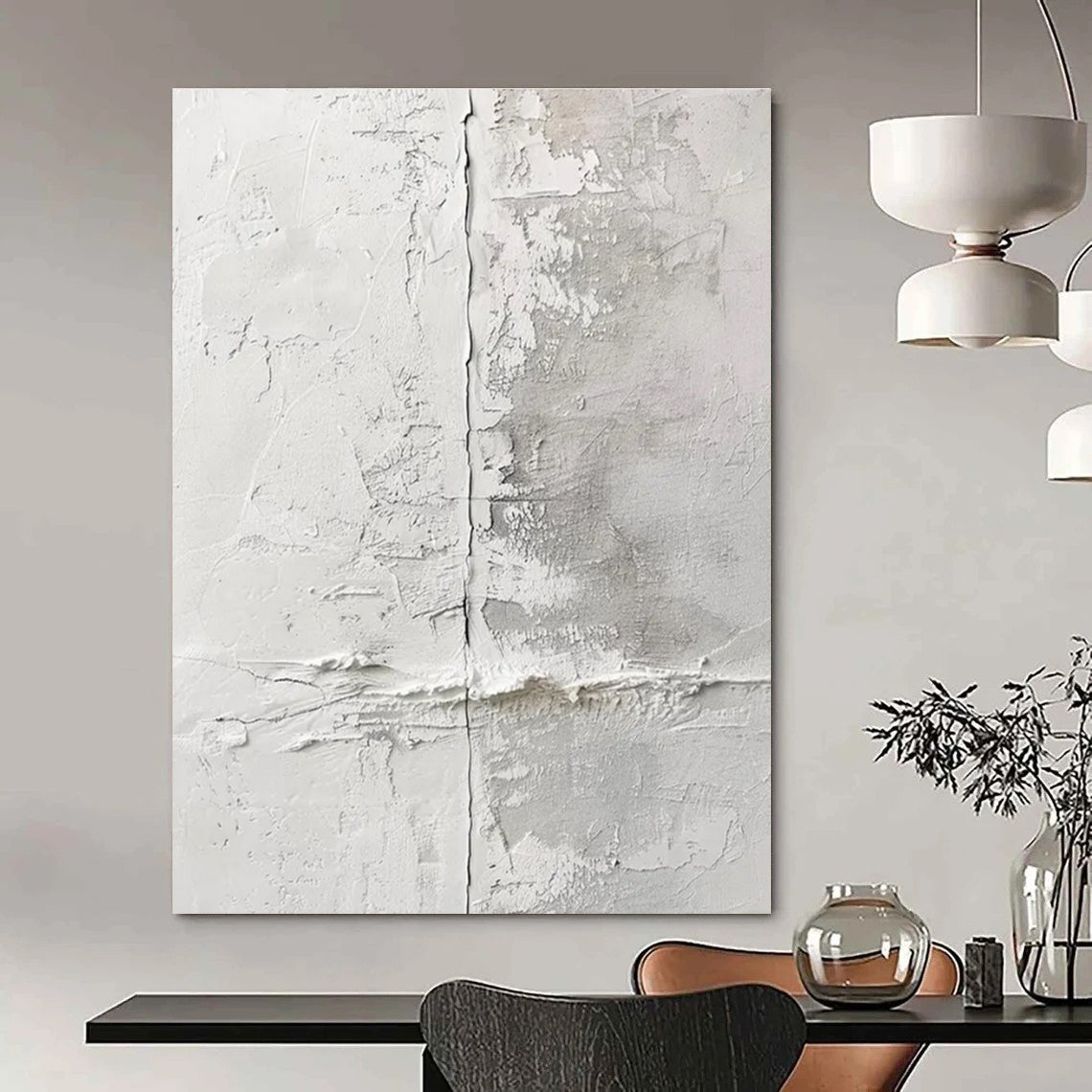 White and Gray Textured Abstract Painting with Crack - like Details ADGE066