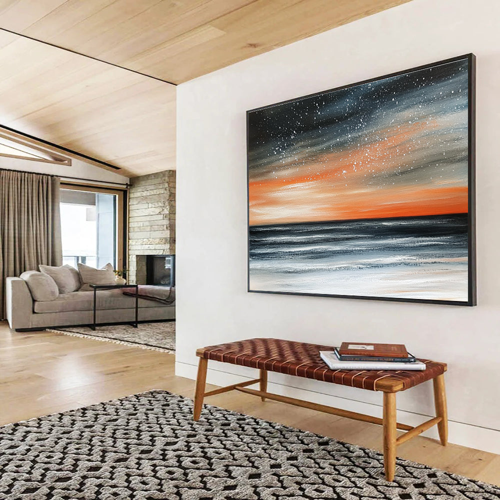 Starry Sea Sunset Abstract Painting with Orange Black and White DYP289