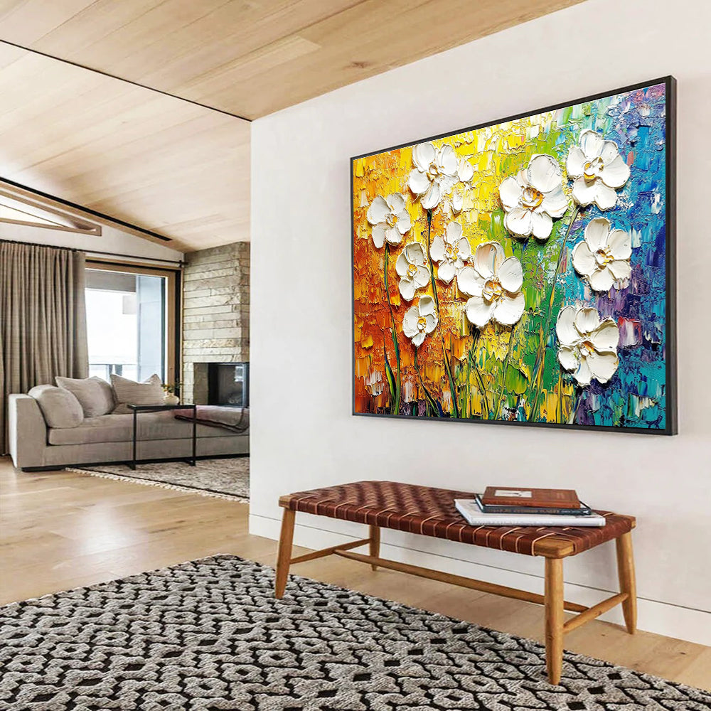 Vibrant abstract painting of white flowers on a textured canvas showcasing intricate details and celebrating the beauty of nature.SC271