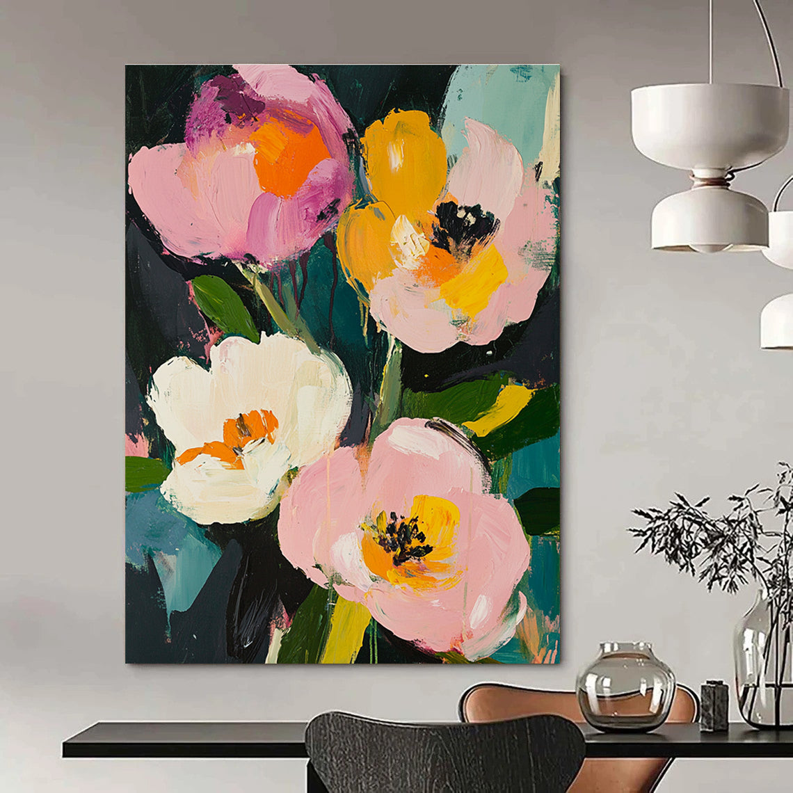 Large abstract painting featuring pink roses and white peonies with loose brushwork in a vintage style and rich colors of greens yellows and blues.STSC057