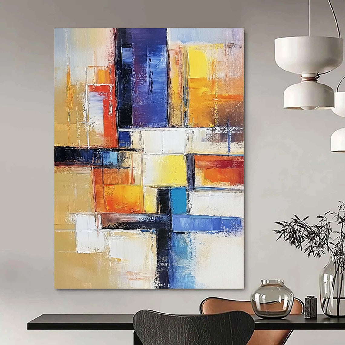 Large abstract painting of an urban landscape in warm colors featuring geometric shapes and soft lines on canvas.STSC153
