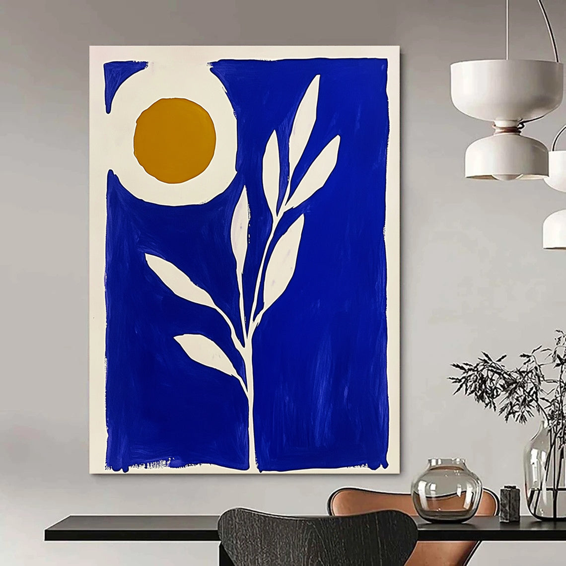 Large abstract painting in blue and white featuring a plant with the sun in a Matisse-inspired block print style.STSC921