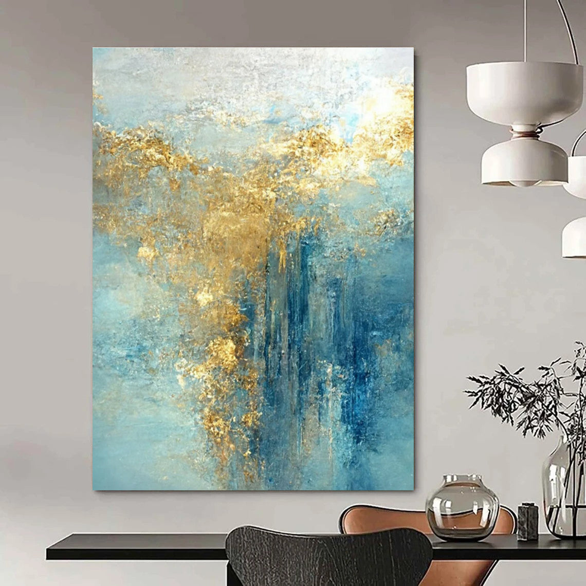 Light Blue Abstract Painting with Cascading Gold Accents ADGE063