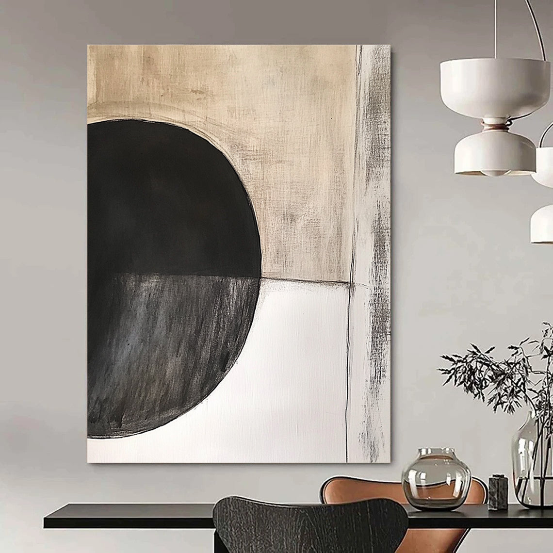 Large abstract painting featuring an oval black circle with dark grey texture on beige textured background by Peter Cresely.STSC664