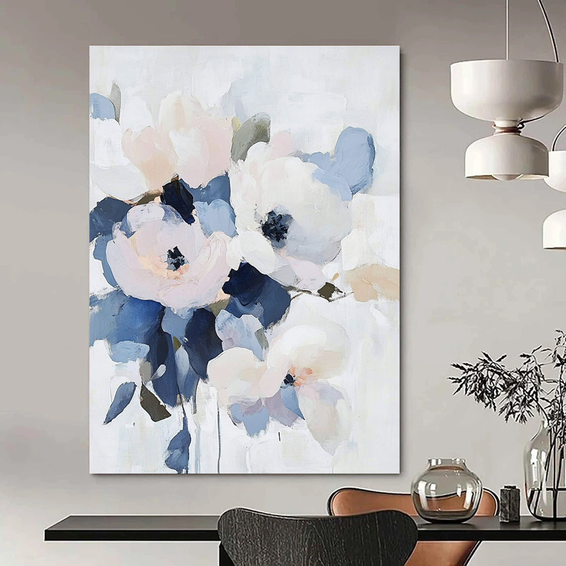 Large abstract floral painting featuring pale pastel flowers with navy and gray accents on a soft white background.STSC053