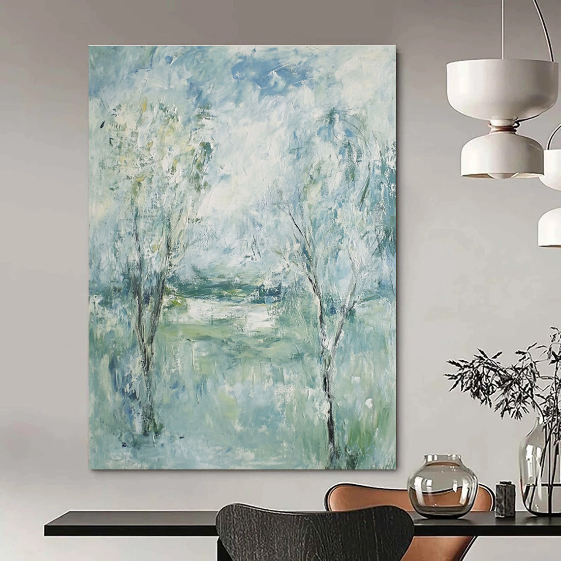 Large abstract painting featuring trees and grass under a blue sky with green and white clouds in an Impressionist style.STSC352