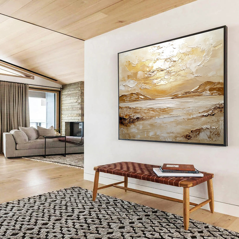 Large abstract painting inspired by Scottish Highlands featuring textured oil, golden light, endless sea, and distant mountains in soft white and beige hues.SC482