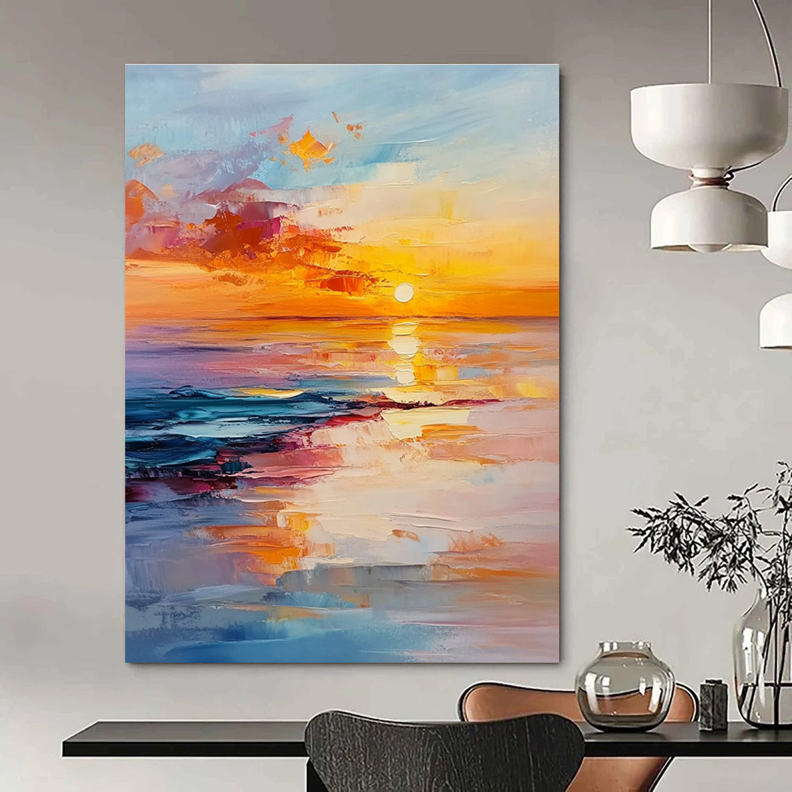 Abstract painting of a sunset over the ocean with vibrant orange and pink hues reflecting on serene waters conveying tranquility and harmony.STSC895