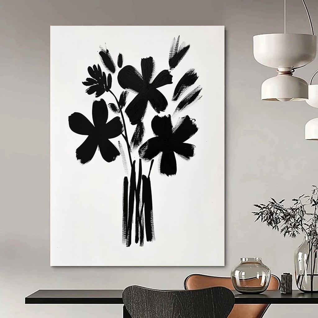 A large abstract painting featuring a bouquet of flowers in black brush strokes on white paper inspired by Matisse and Hockney's minimalistic styles.STSC925