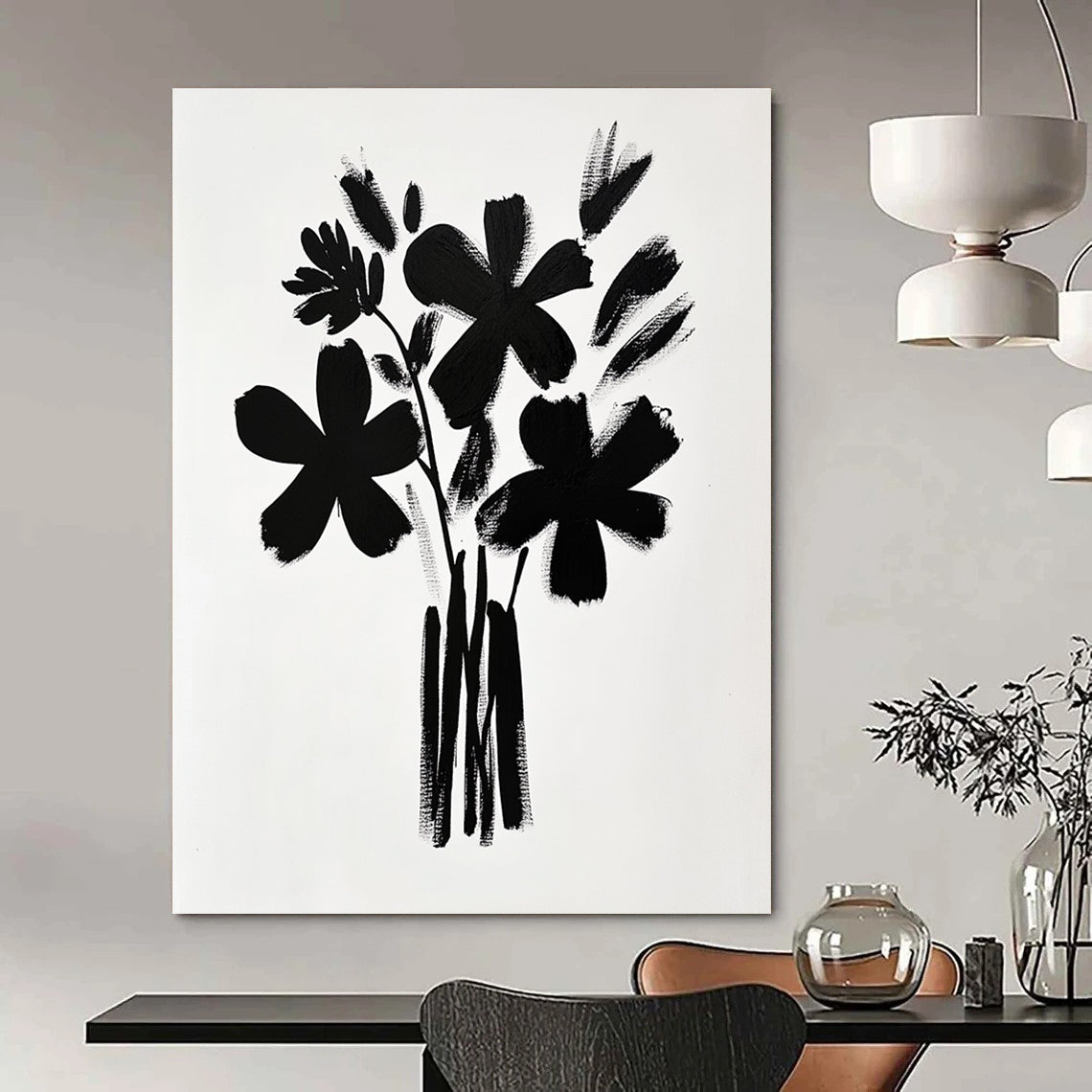A large abstract painting featuring a bouquet of flowers in black brush strokes on white paper inspired by Matisse and Hockney's minimalistic styles.STSC925