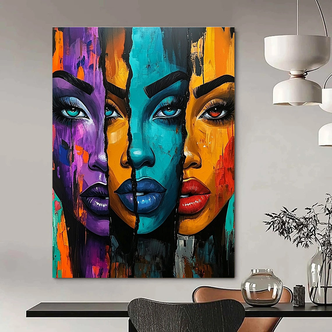 A large abstract painting featuring three vibrant African American women with bold colors and expressive features set against an energetic urban-inspired background.STSC1220