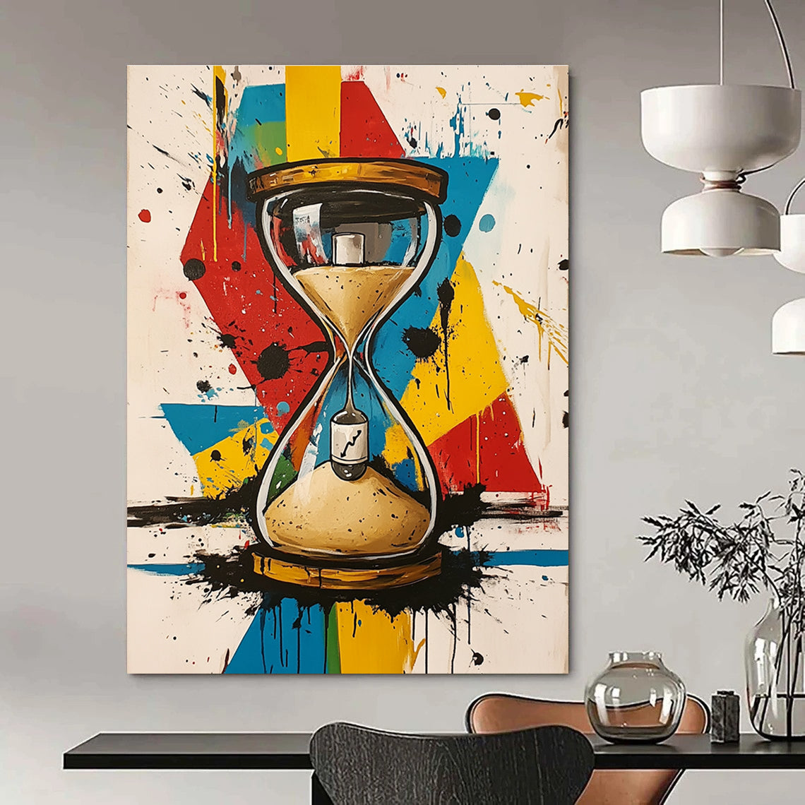 A large abstract painting featuring an hourglass with a bottle in the sand and a vibrant geometric background with paint splatters.STSC853