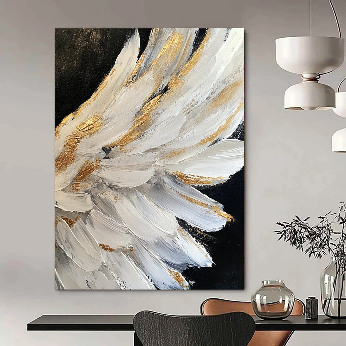 Large abstract painting of white angel wings with gold accents on a black background featuring heavy brush strokes and palette knife work.STSC006