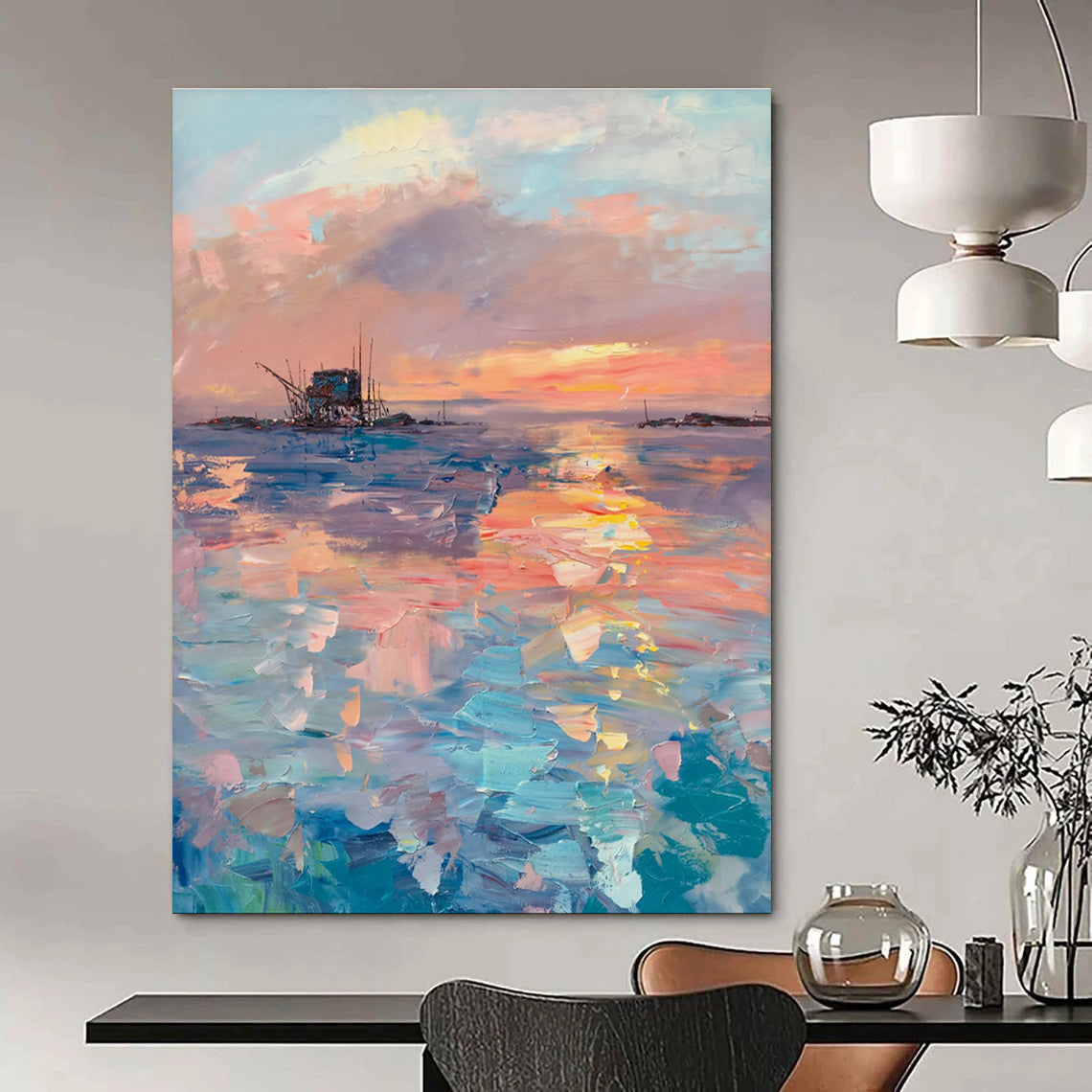 Sunset at Sea Abstract Painting with Colorful Reflections ADGE531