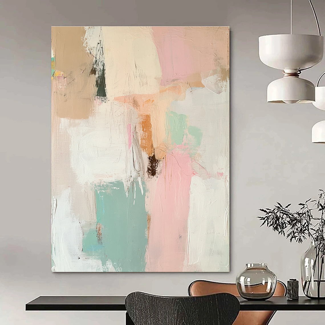 Large abstract painting with soft pinks whites sage greens and earthy tones featuring dreamy human and animal forms in a tranquil nostalgic atmosphere.STSC806