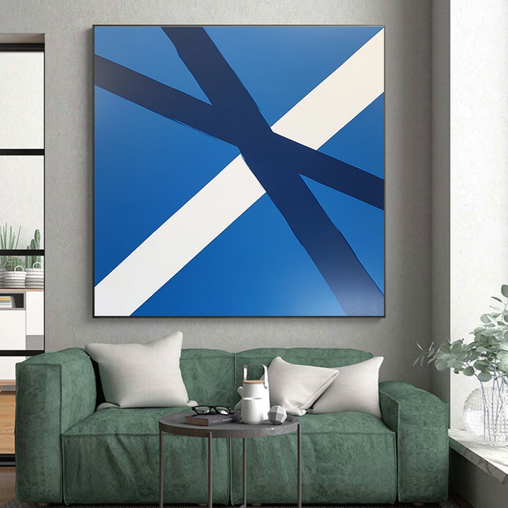 Blue and White Crossed Ribbons Abstract Painting with Clean Lines GER023
