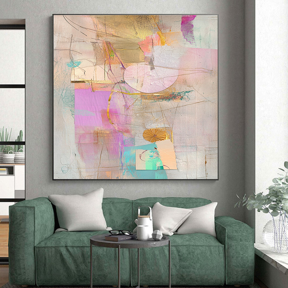Gold Pink and Teal Pastel Abstract Collage Art GER199