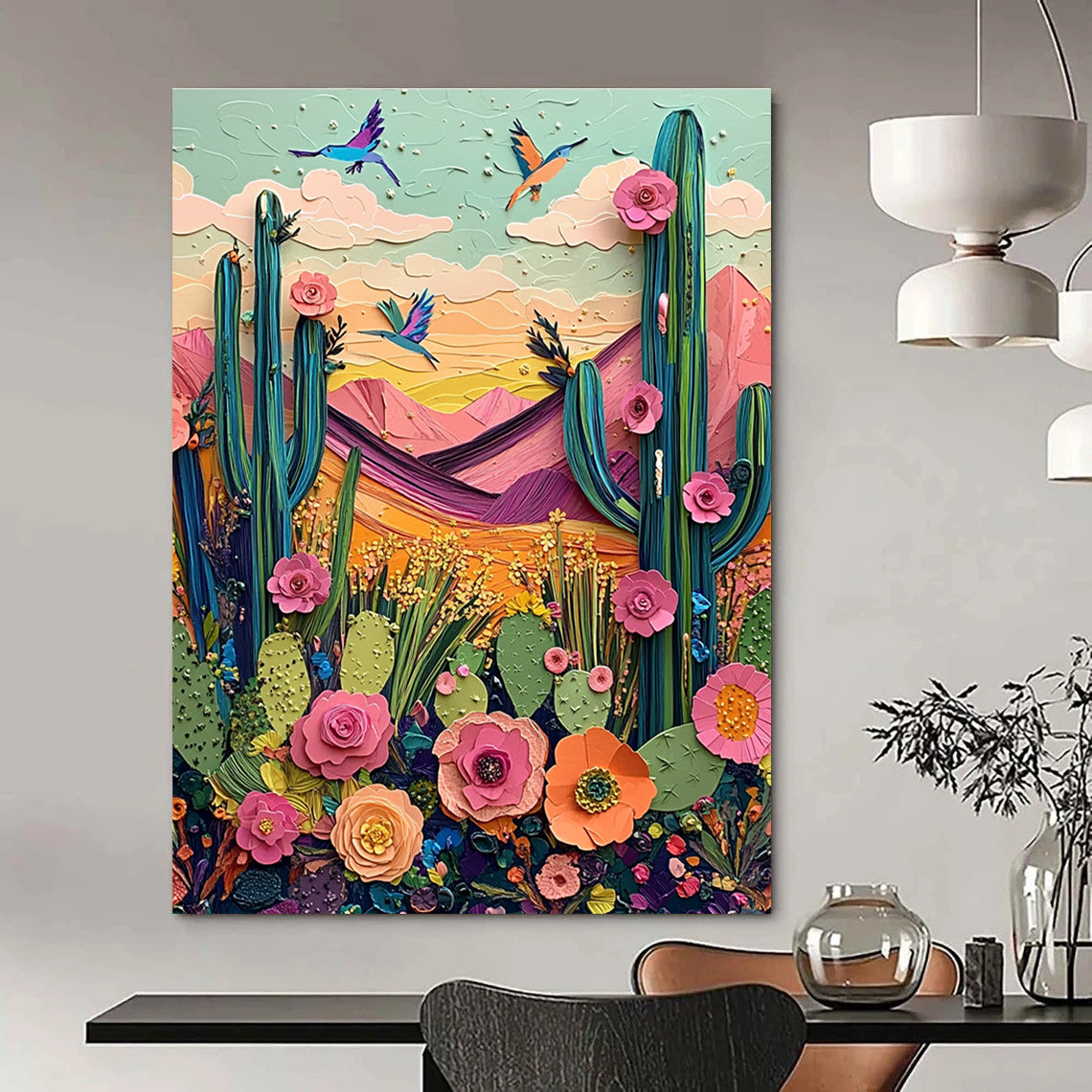 Large abstract artwork featuring a vibrant desert landscape with cacti mountains birds and blooming flowers in colorful pastels and intricate textures.STSC1426
