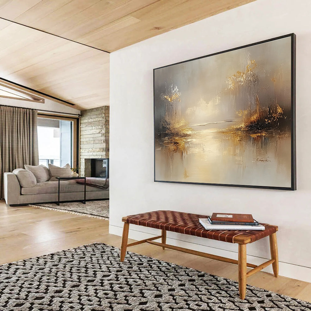 Golden Misty Landscape Abstract Painting with Reflective Elements DYP270