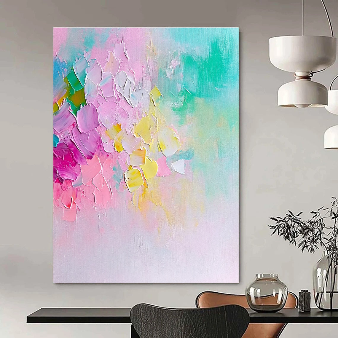 Large abstract painting in pastel colors featuring a floral composition with soft brush strokes and a dreamy springtime atmosphere.STSC442