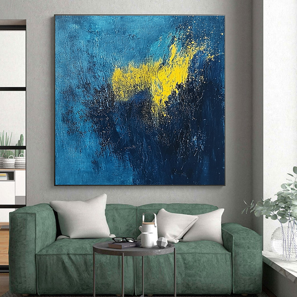 Deep Blue and Yellow Abstract Painting with Dynamic Splashes GER395