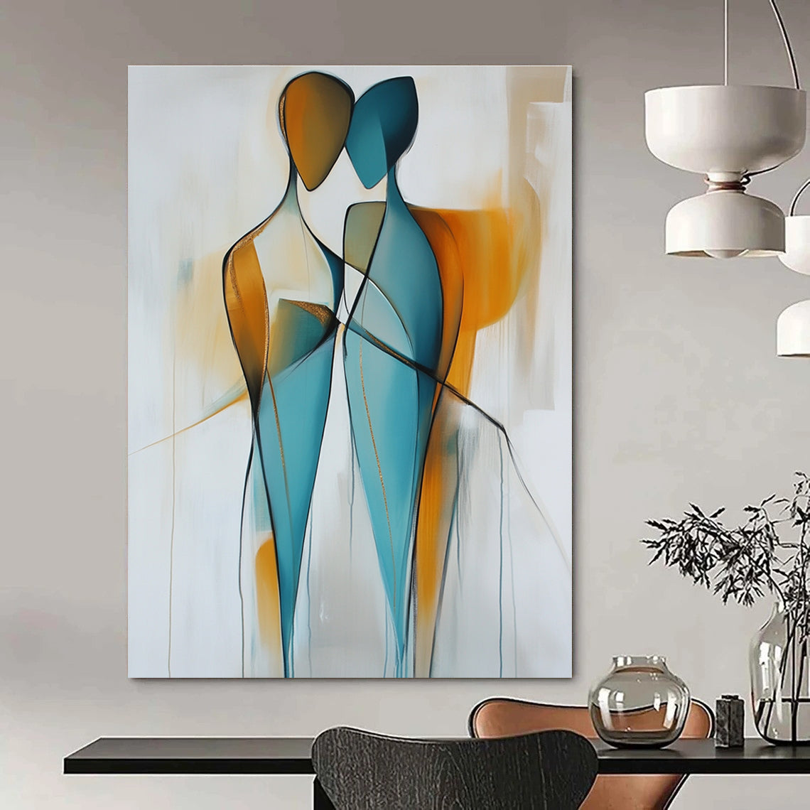 Large abstract painting featuring two figures in light blue and amber hues with smooth lines and golden details on a light gray background.STSC714