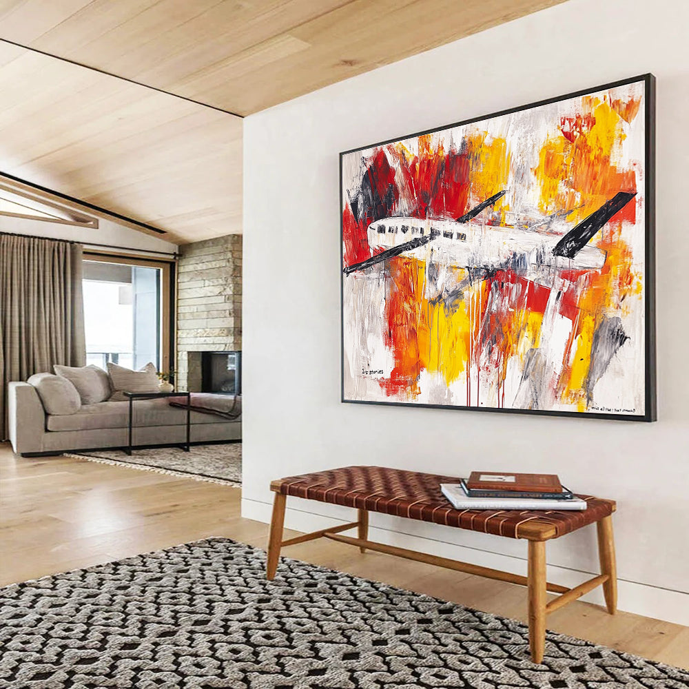 A large abstract painting featuring an airplane and a clothesline in vibrant brush strokes and washes of red, yellow, orange, grey, and silver on a white background.SC333