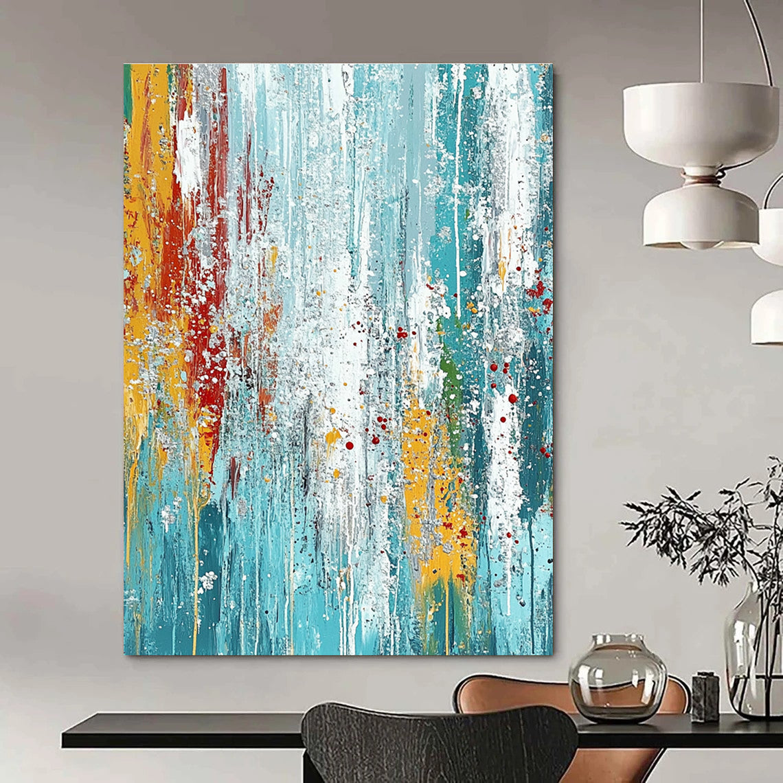 Large abstract painting on textured canvas featuring blue and teal hues with vibrant paint drips and dynamic brush strokes for an energetic feel.STSC719
