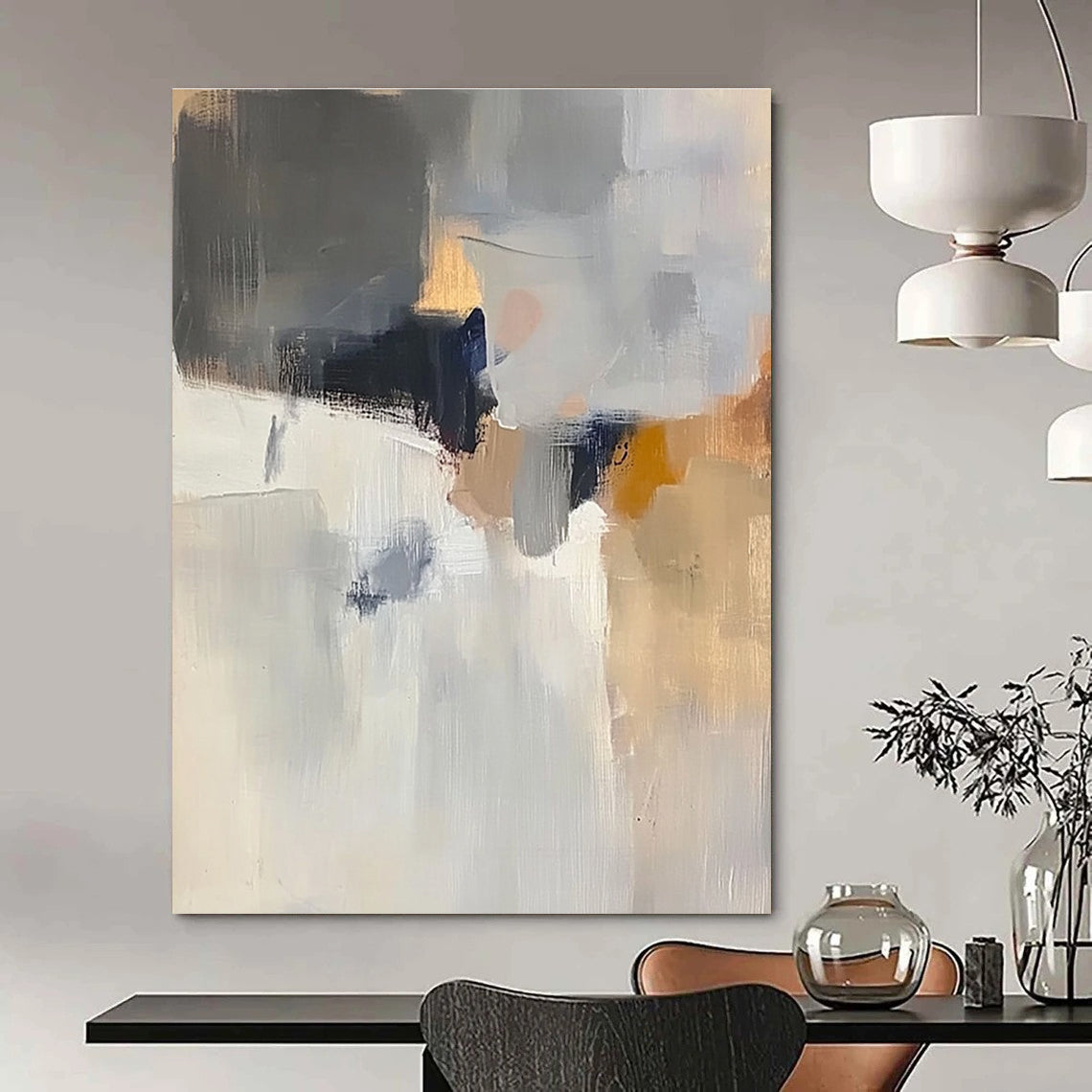 Large abstract painting with soft light colors grey and white atmospheric shapes hints of brown blue and yellow in muted tones.STSC686