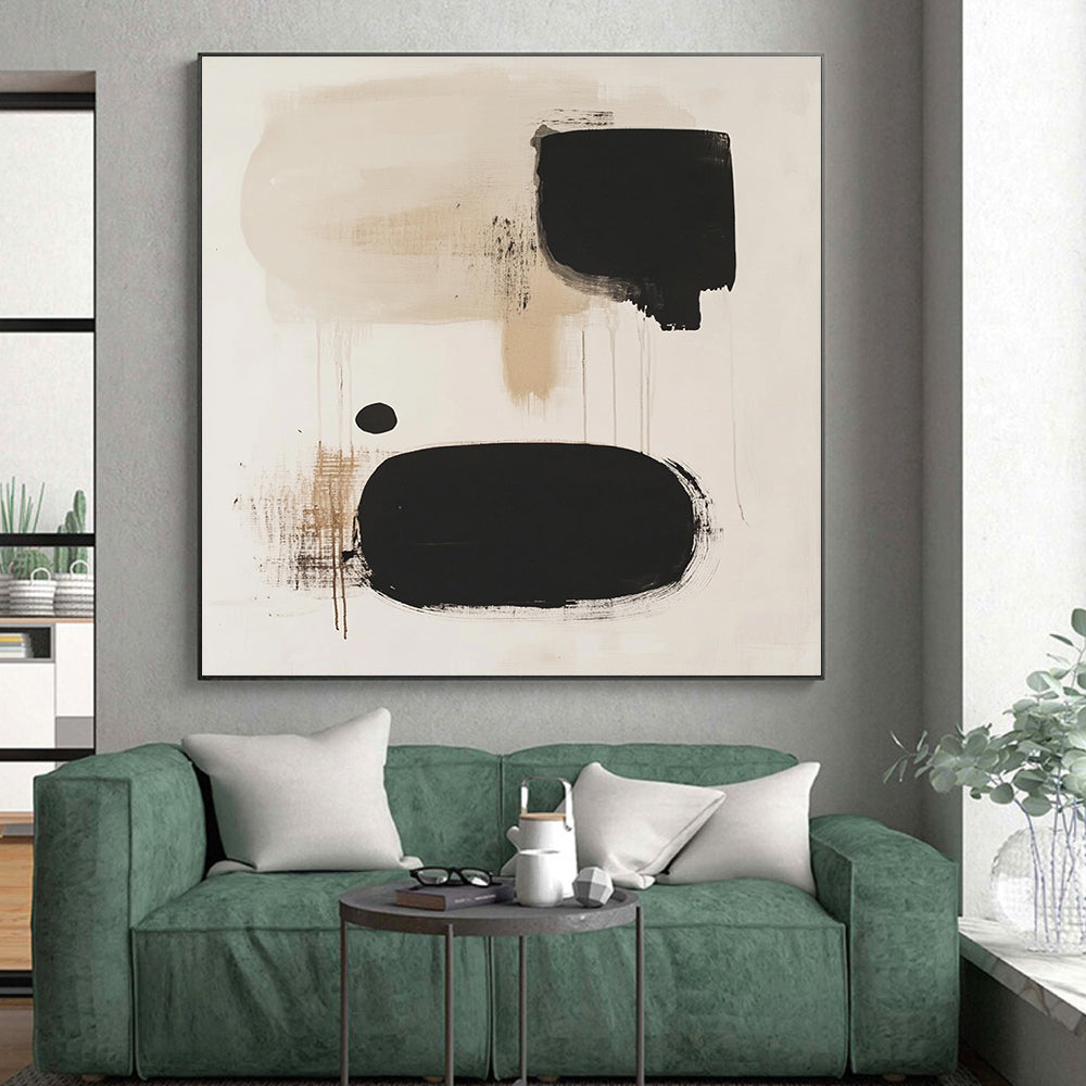 Black and Beige Drip Abstract Painting with Spontaneous Forms GER173