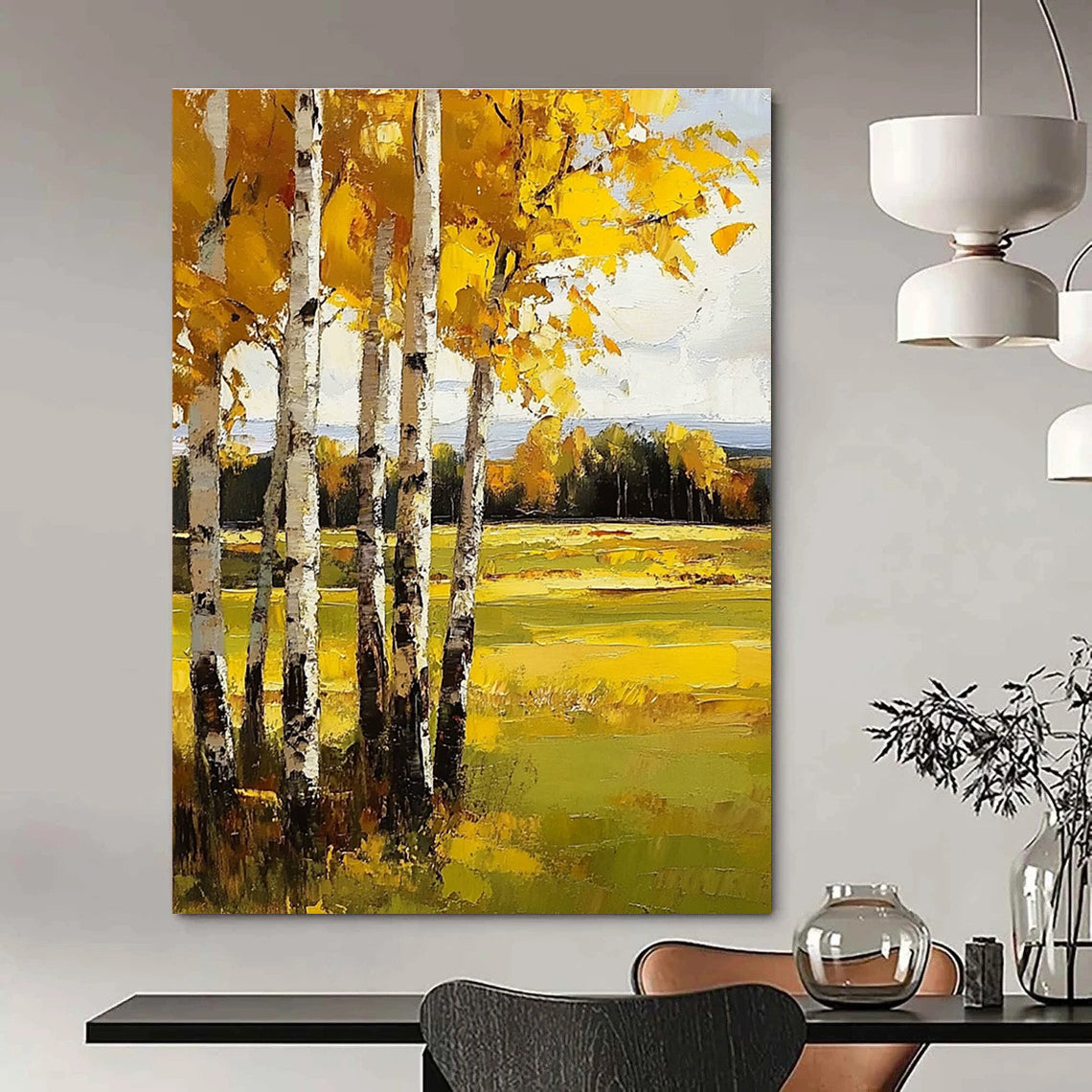Abstract painting featuring yellow birch trees vibrant autumn colors textured depth and realistic detail in a captivating landscape setting.STSC1015