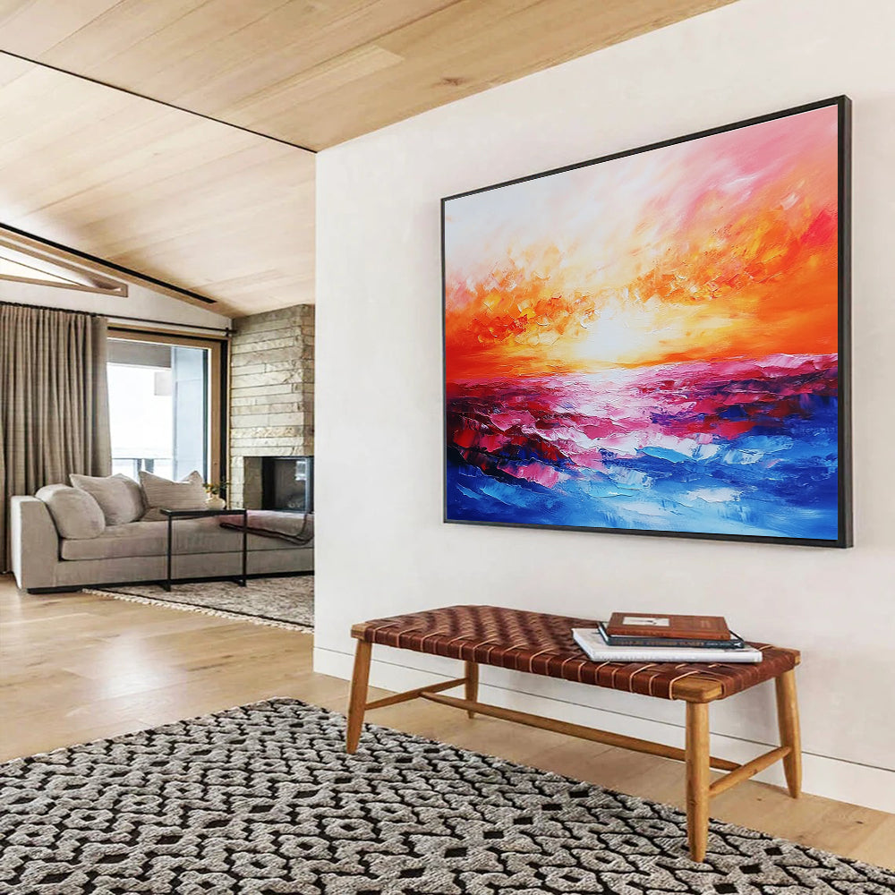 Abstract landscape painting capturing a vibrant sea at sunset with rich reds, oranges, pinks, and blues, expertly created using a palette knife technique.SC074