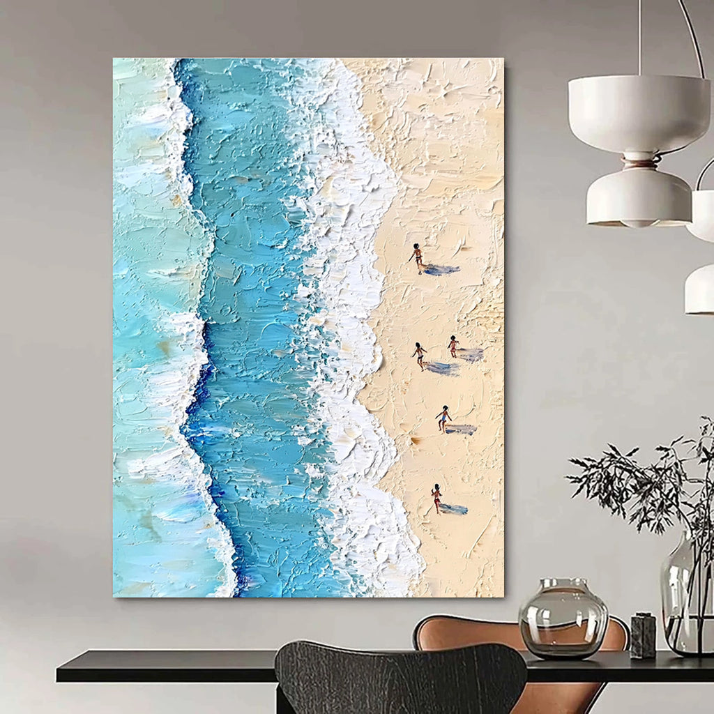 Large Abstract Painting Featuring Soft Pastel Colors Depicting Aerial Beach Scene With People Swimming Ocean Waves And Gentle Sand.STSC854