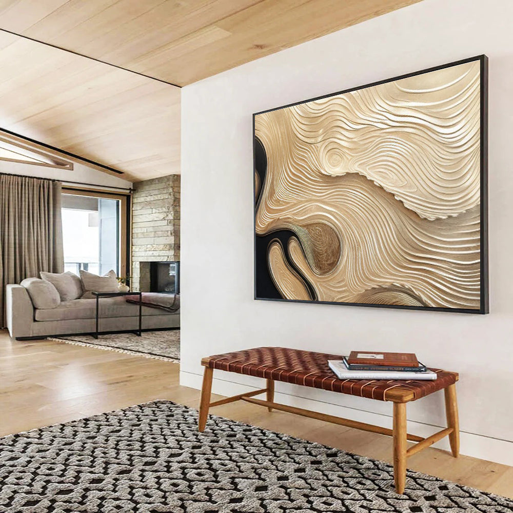 Golden and Black Textured Wave Abstract Painting THY100