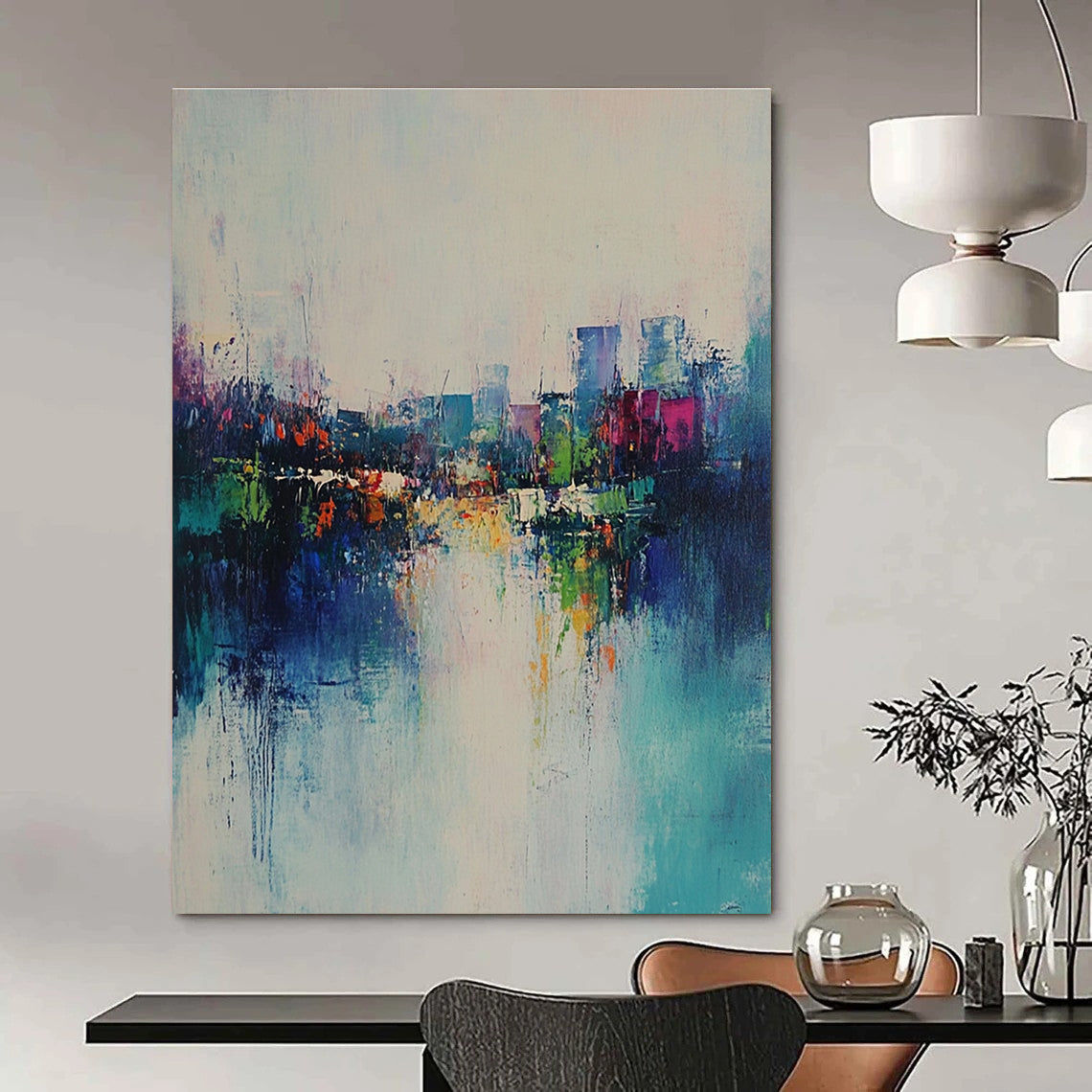 Large abstract painting featuring a serene misty landscape with green-blue hues and reflections of city lights in textured layers.STSC562