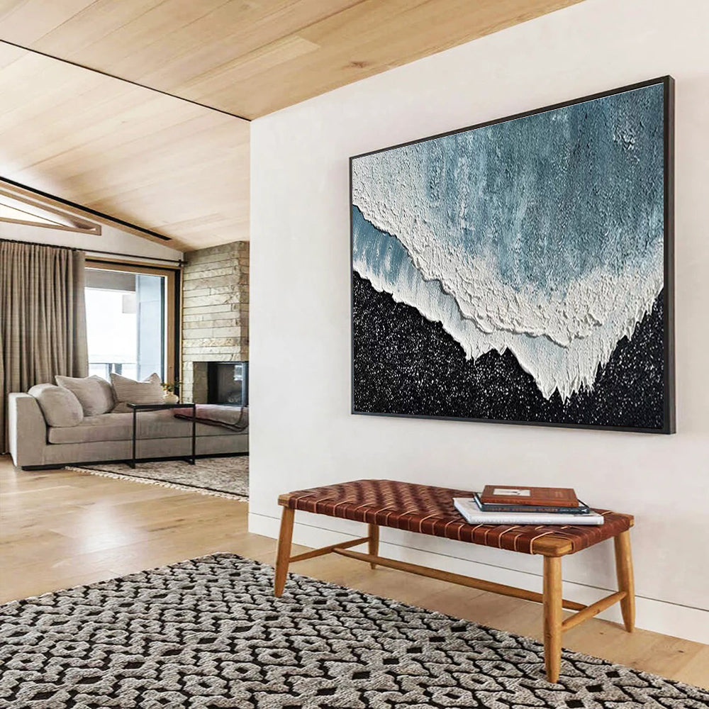 Textured Wave Abstract Painting with Blue, White, and Black Tones THY207