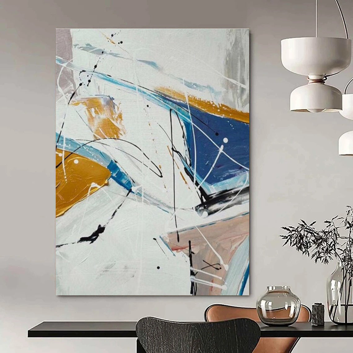 White Blue Yellow Black Abstract Painting ADGE049
