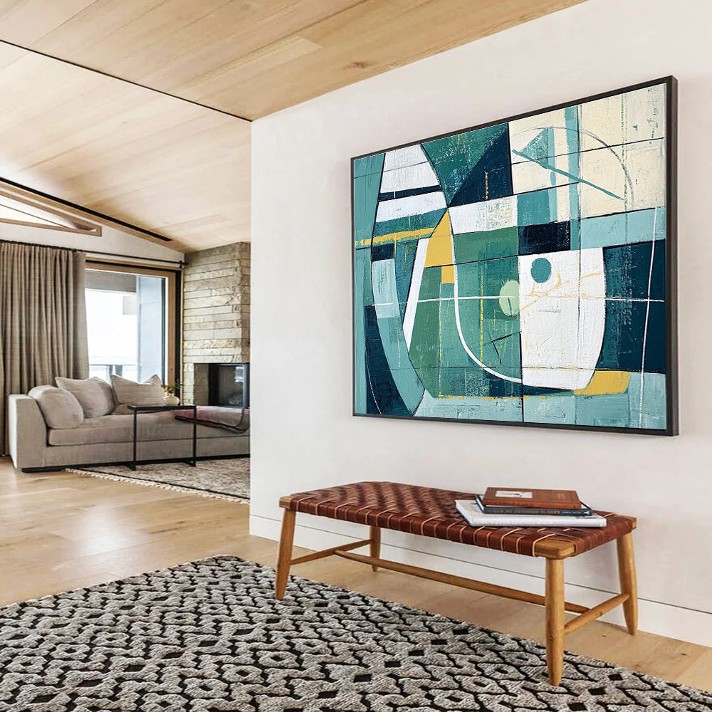 Large abstract painting featuring simple green and white shapes with yellow accents inspired by sports fields and goal lines.SC252
