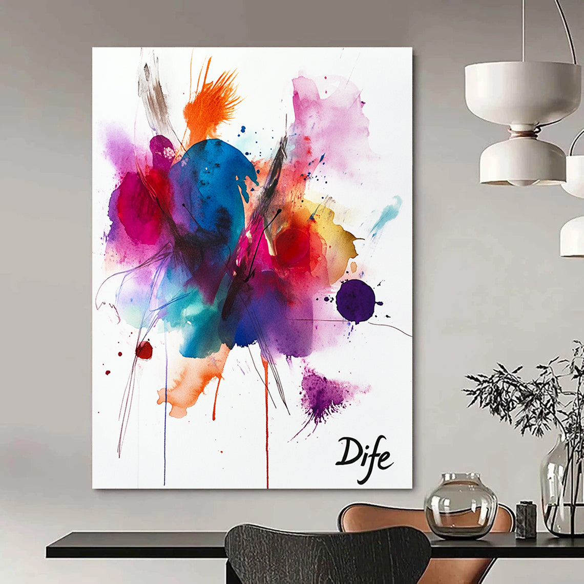 Large abstract watercolor with vibrant colors and expressive strokes featuring joyful organic shapes and textures radiating positivity and creativity.STSC1047