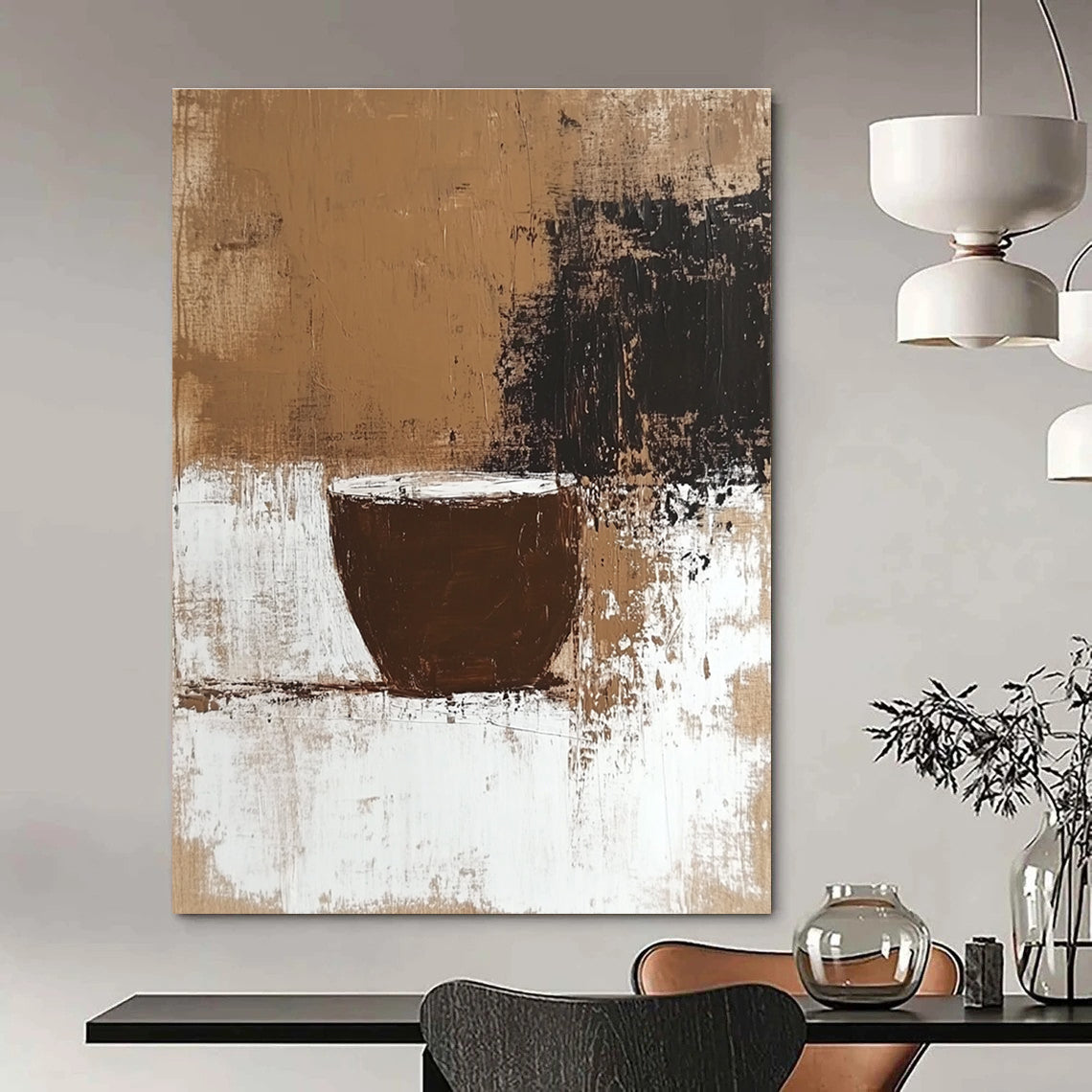 Large abstract painting featuring coffee stains and neutral tones with a textured surface and a beige background inspired by Chicano art.STSC928