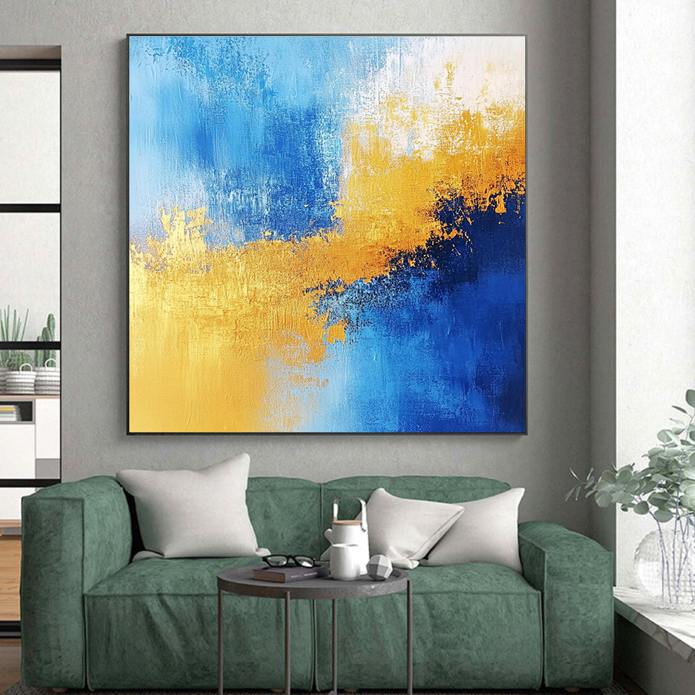 Vibrant Blue and Gold Abstract Painting with Energetic Splashes GER379