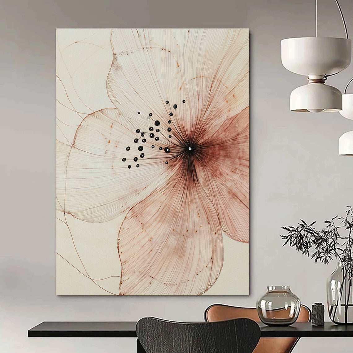 A large abstract painting showcasing delicate petals intricate patterns and subtle textures in light pink and dark brown against a beige background.STSC948