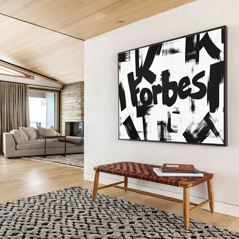 A large abstract artwork featuring the bold yet graceful lettering of K Forbes, showcasing soft curves and dynamic brush strokes in black ink on white paper.SC469