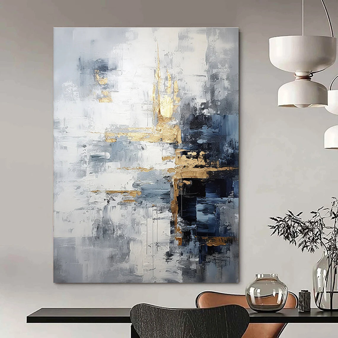 Gray - Gold Abstract Composition Painting with Dynamic Brushstrokes ADGE453