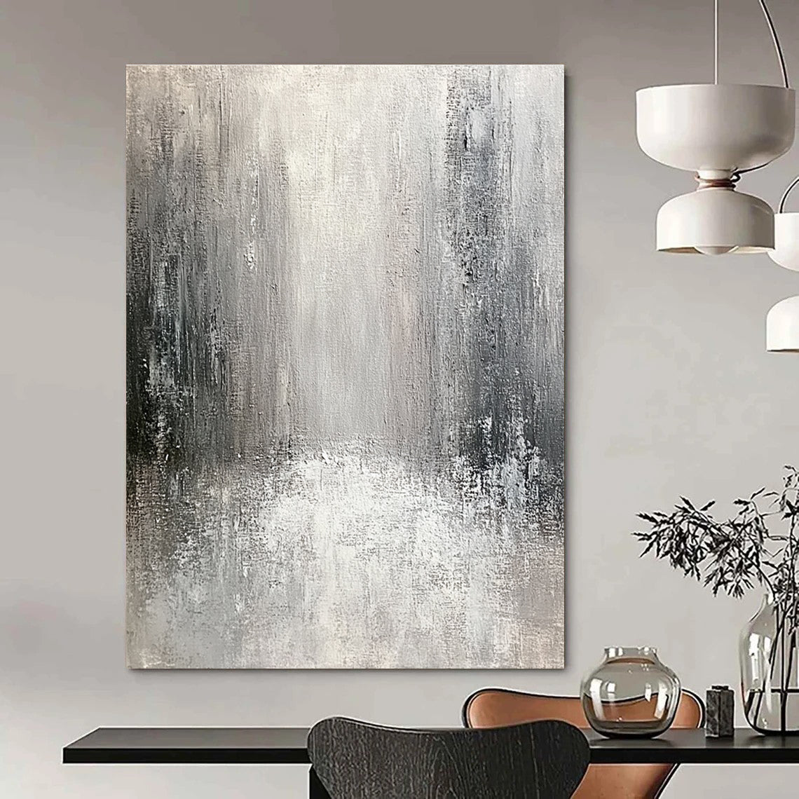 Large abstract painting of an old city featuring textured canvas in neutral tones with gray and white and silver accents creating an atmospheric perspective.STSC267