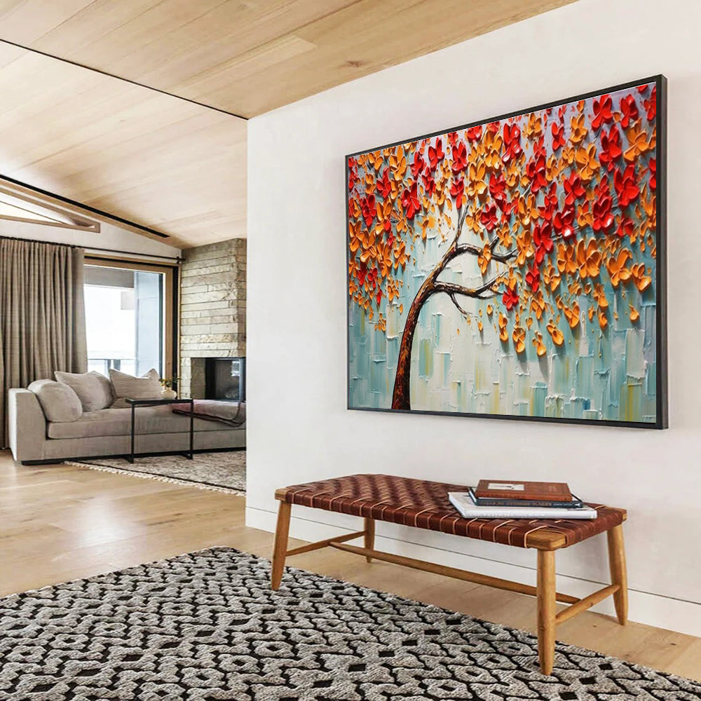 3D Autumn Tree Abstract Painting with Orange, Red, and Blue Tones THY168