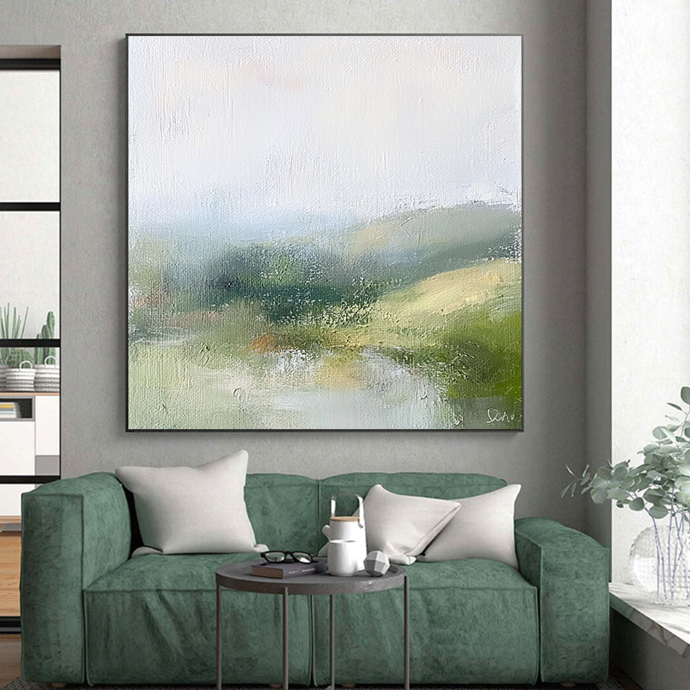 Soft Landscape Abstract Painting with Muted Green and Blue Tones GER184